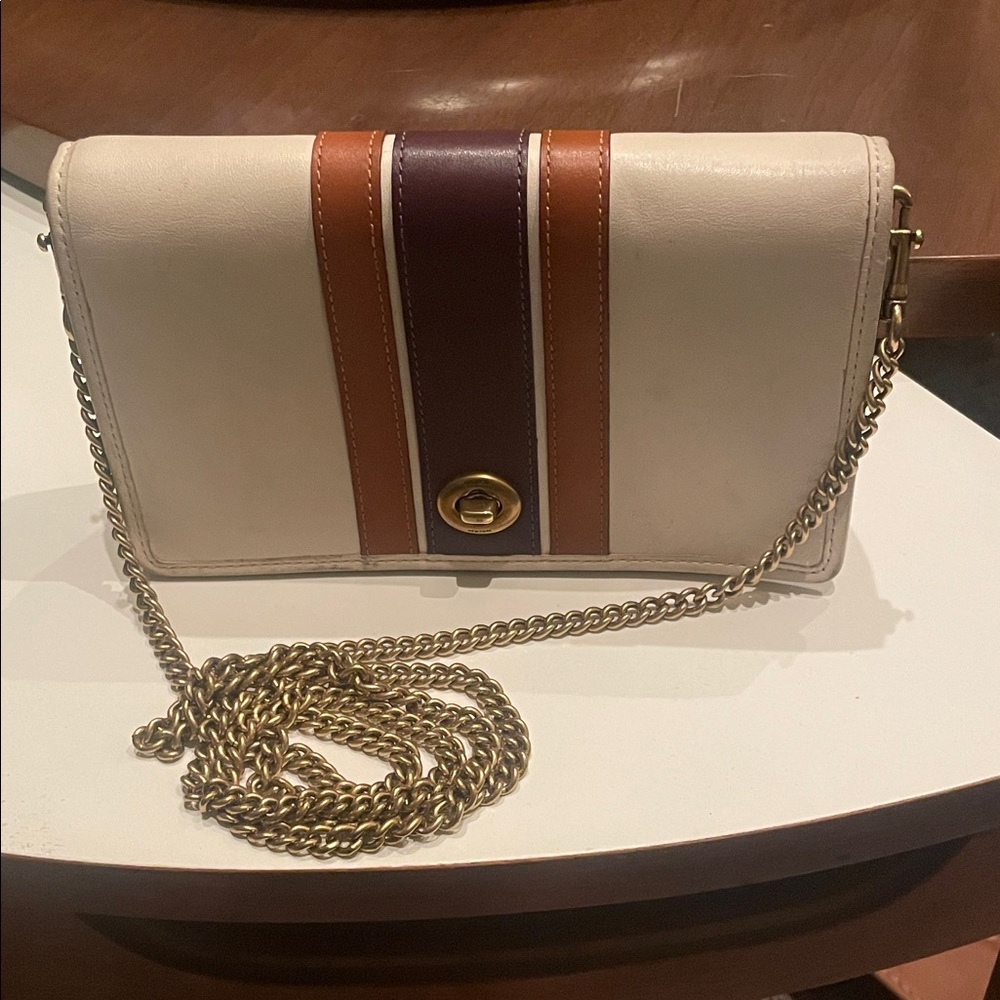 Coach Callie Leather Chain Clutch Crossbody Varsity Stripe Bag - Picture 3 of 10